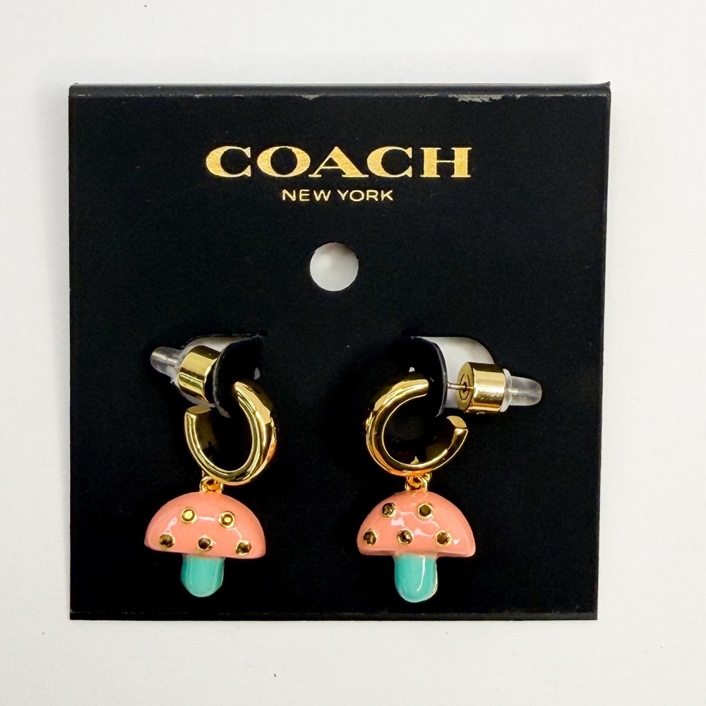 COACH Pink Enamel Mushroom Huggie Hoop Earrings Gold Tone Whimsical Toadstool